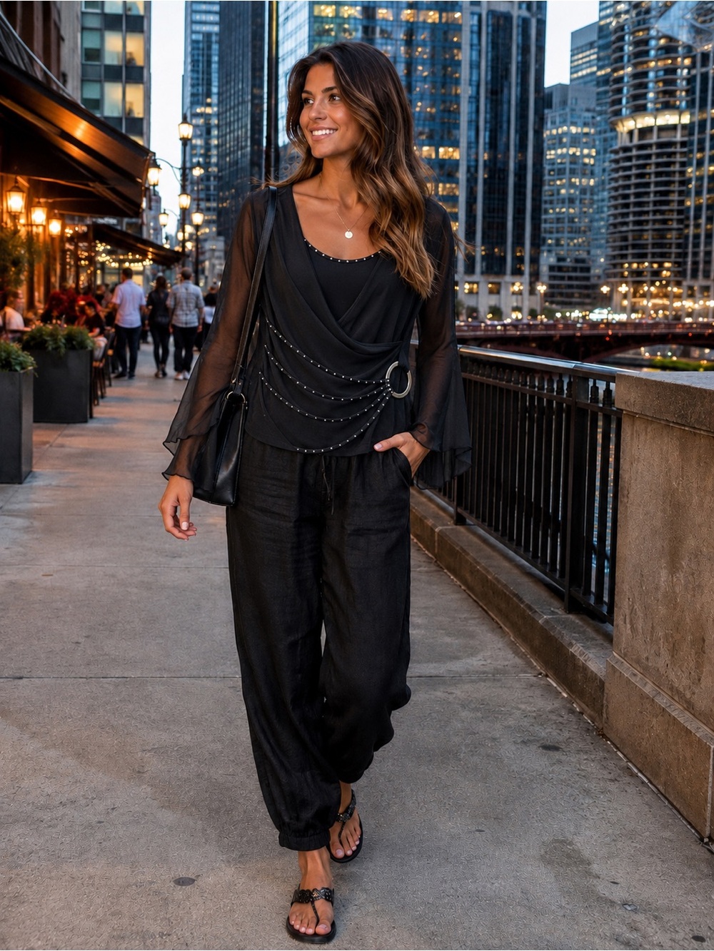Gilani Black Draped Mesh-Sleeve Top with Ring Accent